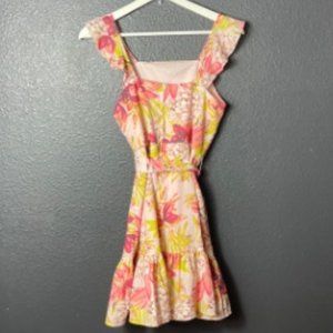 NWT GB Girls Floral Flutter Sleeve Ruffle Tie Waist Hem Dress Pink/Yellow Sz 14